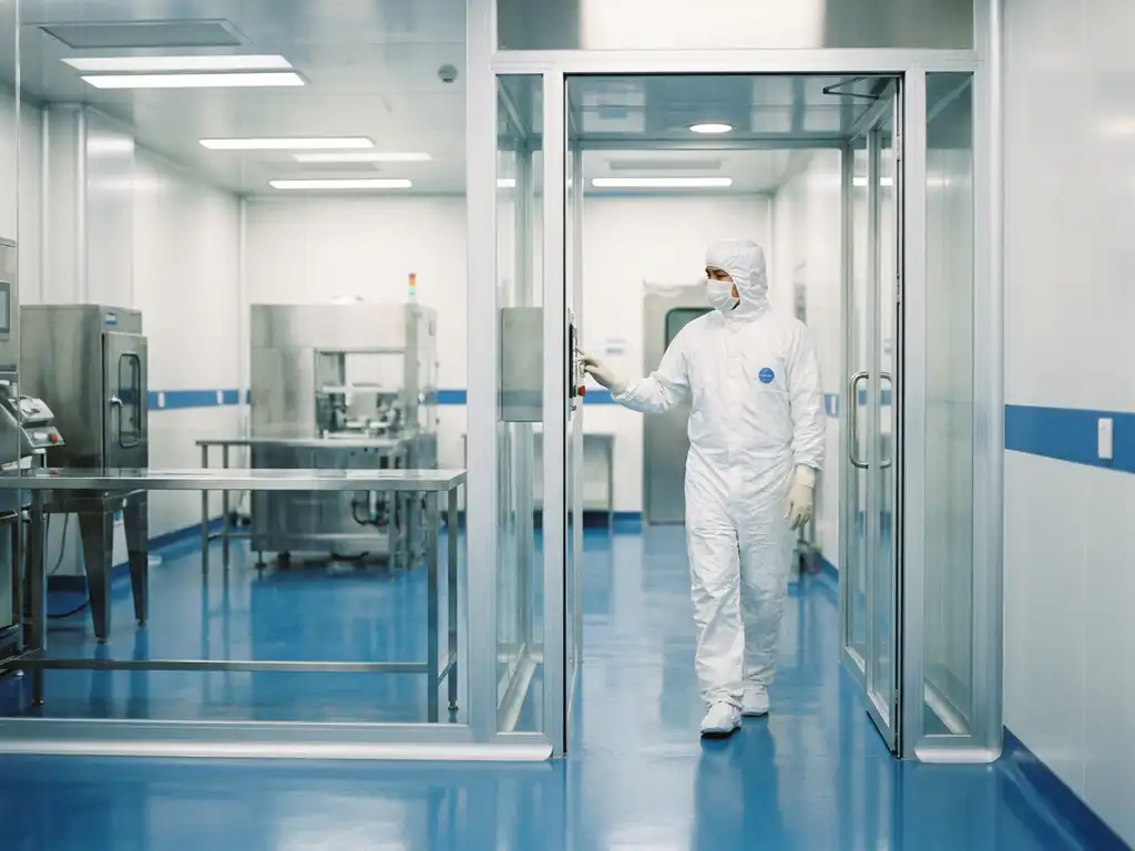 Cleanroom technician in white protective suit entering pharmaceutical airlock gantry, sterile stainless steel surfaces and polished epoxy floors under clinical lighting.