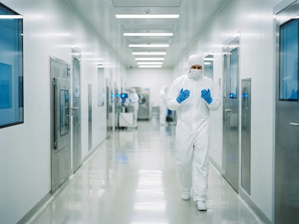 Cleanroom technician in white protective suit and hood walking through a sterile pharmaceutical corridor with polished epoxy floors.