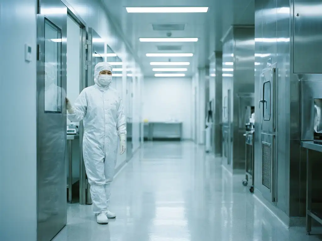 Cleanroom technician in white gown, gloves, and face mask standing at the entrance of a sterile pharmaceutical corridor with polished epoxy floors.