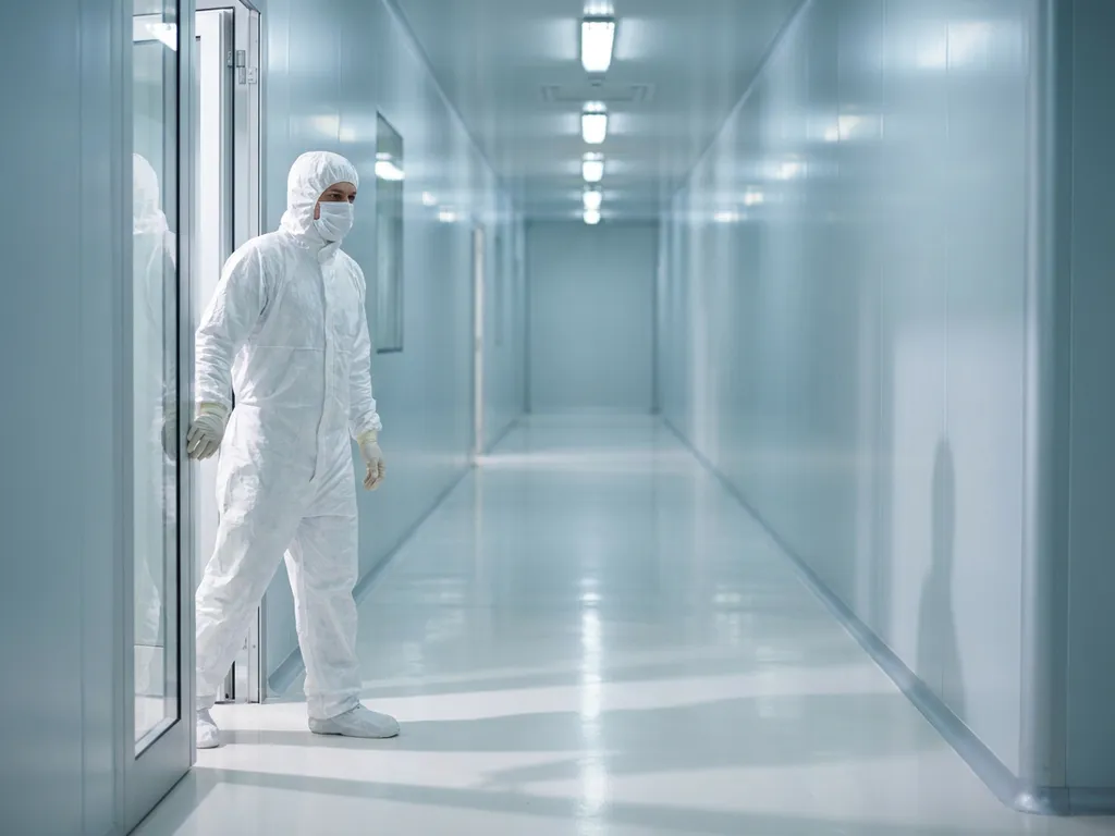 Pharmaceutical cleanroom technician in full white gown, hood, gloves, and face mask standing at the entrance of a sterile corridor.