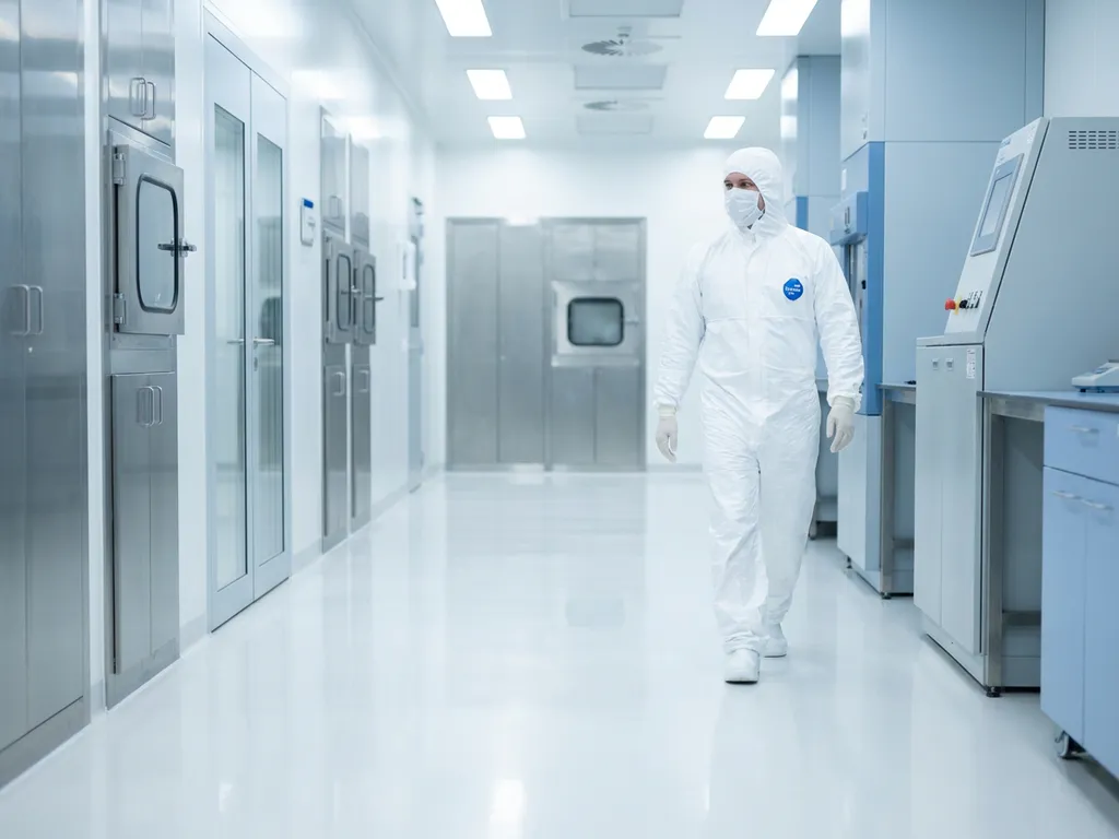 Cleanroom technician in white protective suit and gloves walking through a sterile pharmaceutical facility corridor with polished epoxy floors.