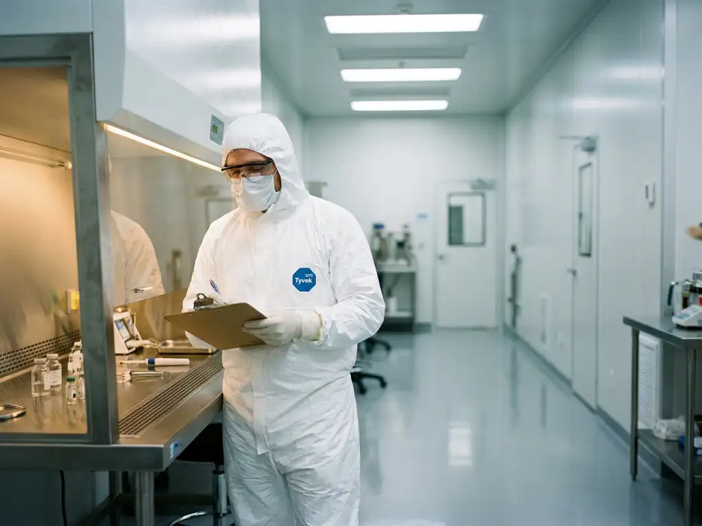 Pharmaceutical cleanroom technician in white gown and gloves reviewing clipboard at stainless steel workbench in sterile facility.