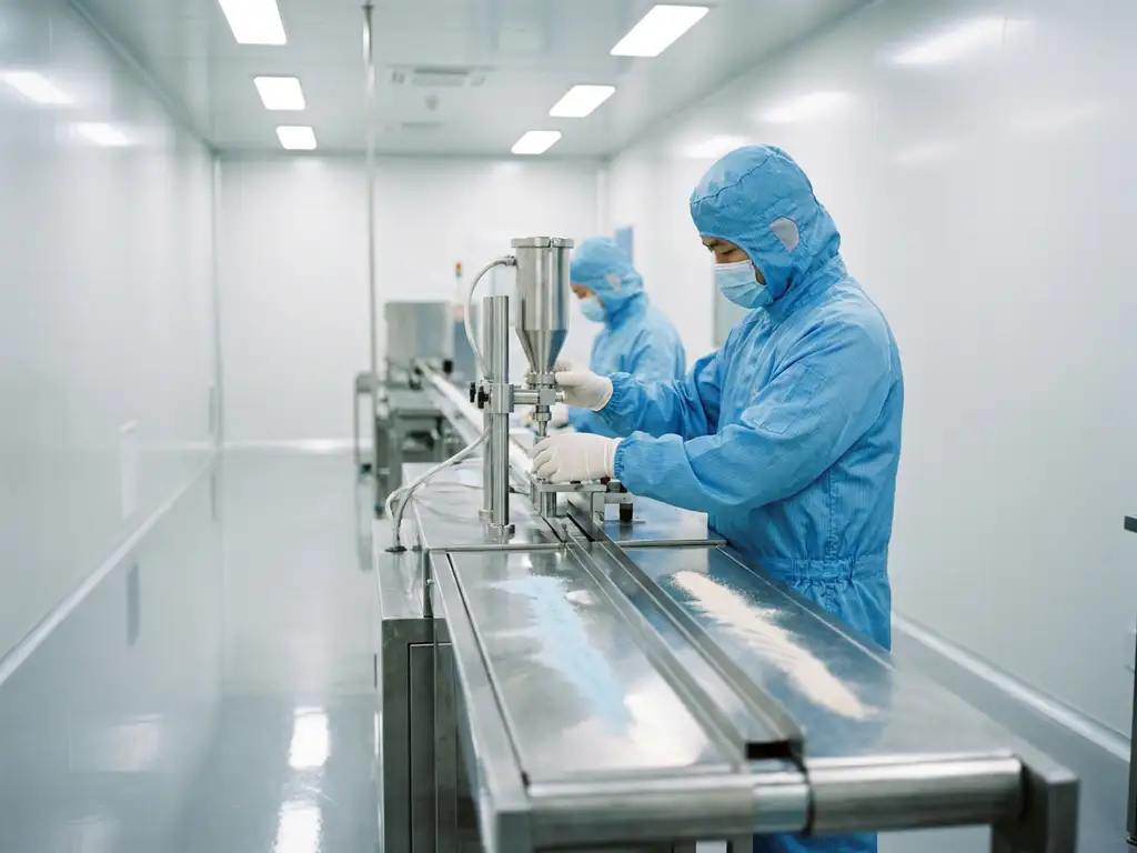 Pharmaceutical technician in cleanroom gown adjusting stainless steel shared production line equipment with visible product residues on conveyor surfaces.