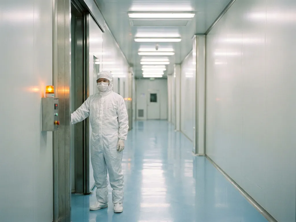 Cleanroom technician in white PPE suit pausing at sterile airlock entry, fluorescent-lit corridor with epoxy floors and amber warning light.