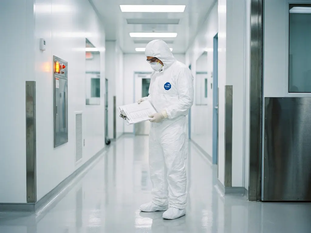 Cleanroom technician in full white protective suit reviewing clipboard at sterile facility entry corridor with epoxy floors and fluorescent lighting.