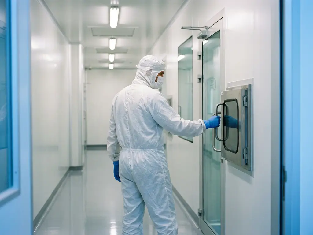 Cleanroom technician in white coveralls and gloves standing at a sterile controlled environment entry corridor with epoxy flooring.