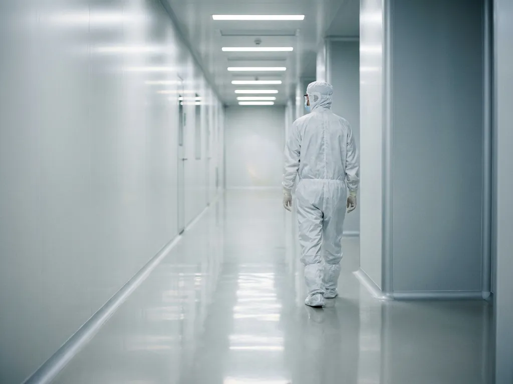Pharmaceutical cleanroom technician in white gown, gloves, and hairnet walking through a sterile white corridor with polished epoxy flooring.