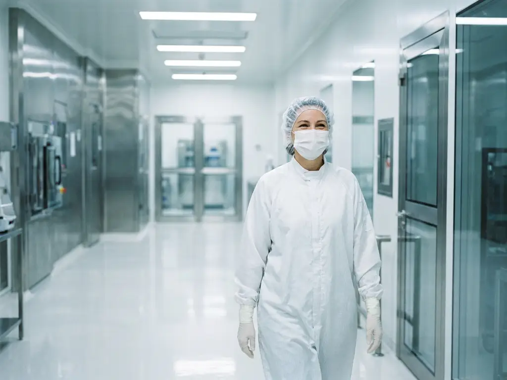 Pharmaceutical cleanroom technician in white protective gown, gloves, and hairnet walking through a sterile corridor with gleaming epoxy floors.