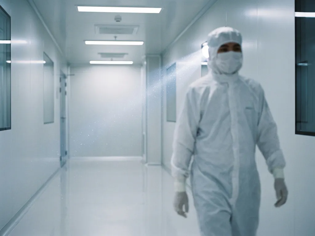 Pharmaceutical technician in white cleanroom suit walking through a sterile corridor with dust particles visible in fluorescent light.