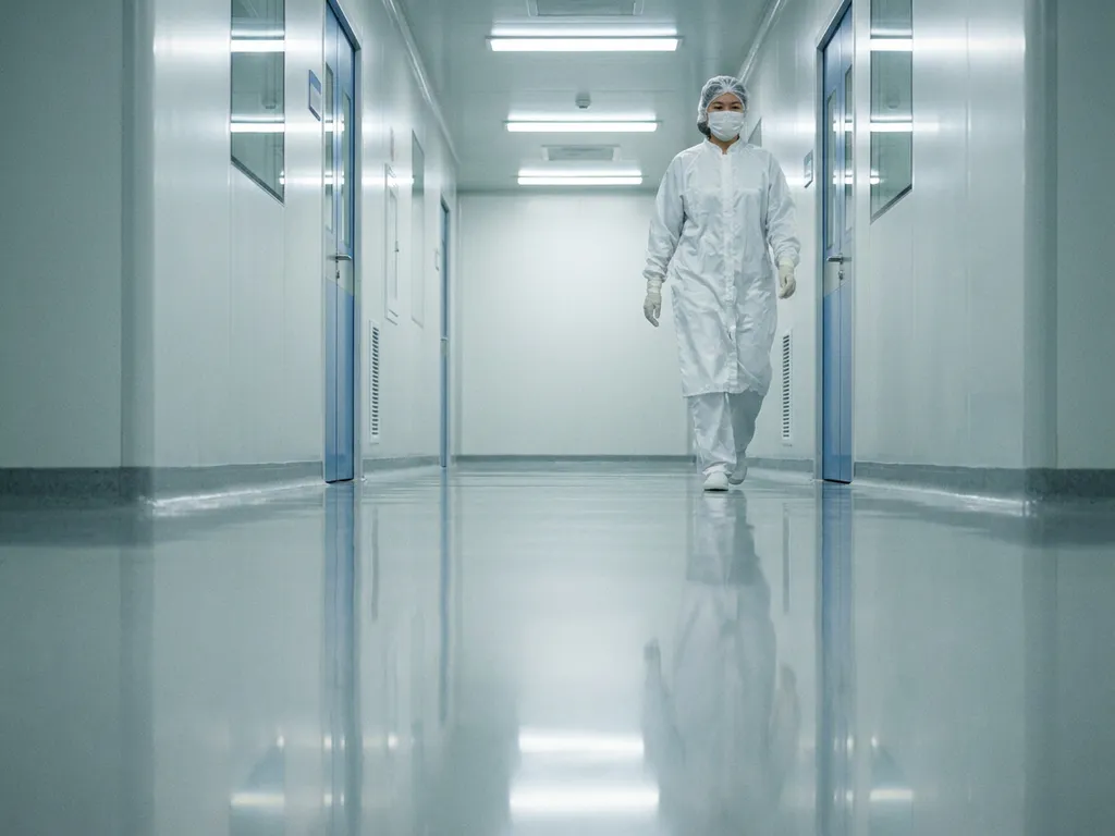 Pharmaceutical cleanroom technician in white protective gown, gloves, and hairnet walking through a sterile corridor with polished epoxy floors.