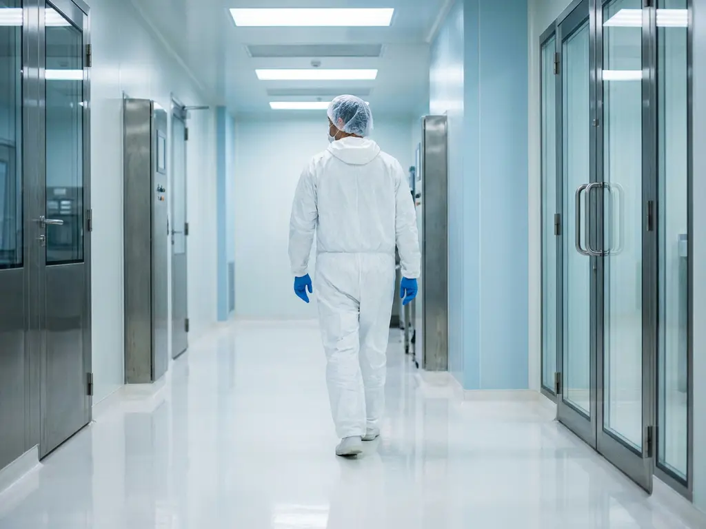 Pharmaceutical cleanroom technician in white gown, gloves, and hairnet walking through a sterile corridor with gleaming epoxy floors and stainless steel surfaces.