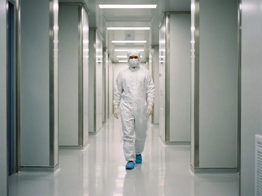 Pharmaceutical cleanroom technician in white protective gown, gloves, and hairnet walking through a sterile corridor with polished epoxy floors.