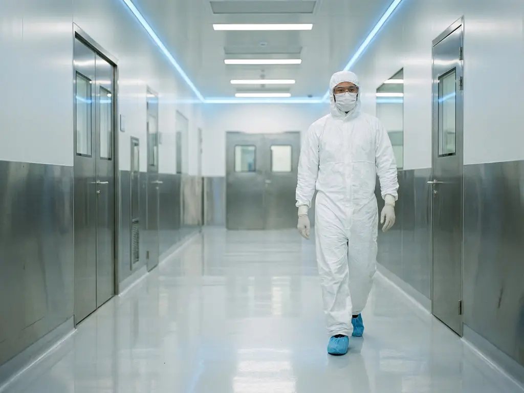 Cleanroom technician in full gown and booties walking through a sterile white corridor with stainless steel surfaces and sealed doorways.