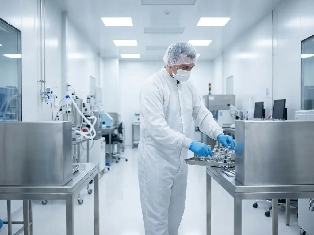 Pharmaceutical technician in white cleanroom gown and gloves transferring sterile equipment between stainless steel workstations in a spotless cleanroom.