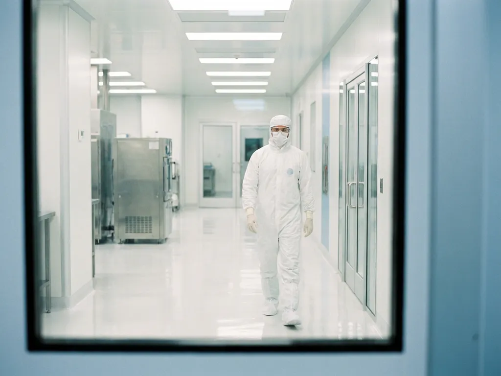 Pharmaceutical cleanroom technician in sterile white gown, gloves, and mask walking through a polished epoxy-floored controlled environment corridor.