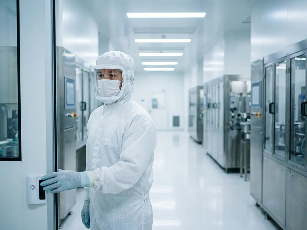 Pharmaceutical cleanroom technician in sterile gown, gloves, and face mask standing at the entrance of an ISO-certified clean zone.