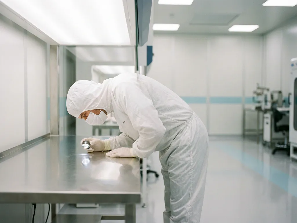 Pharmaceutical cleanroom technician in white coveralls inspecting a stainless steel surface under bright overhead lighting in a sterile facility.