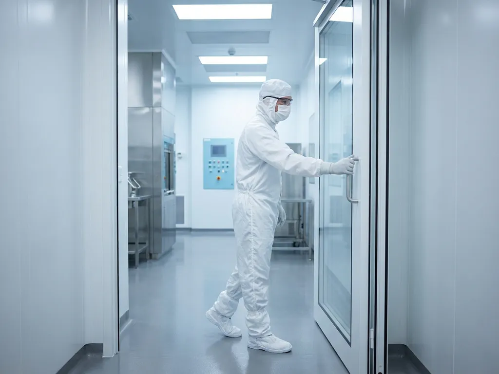 Pharmaceutical technician in white cleanroom gown, hood, gloves, and overshoes entering a sterile manufacturing suite through an airlock corridor.