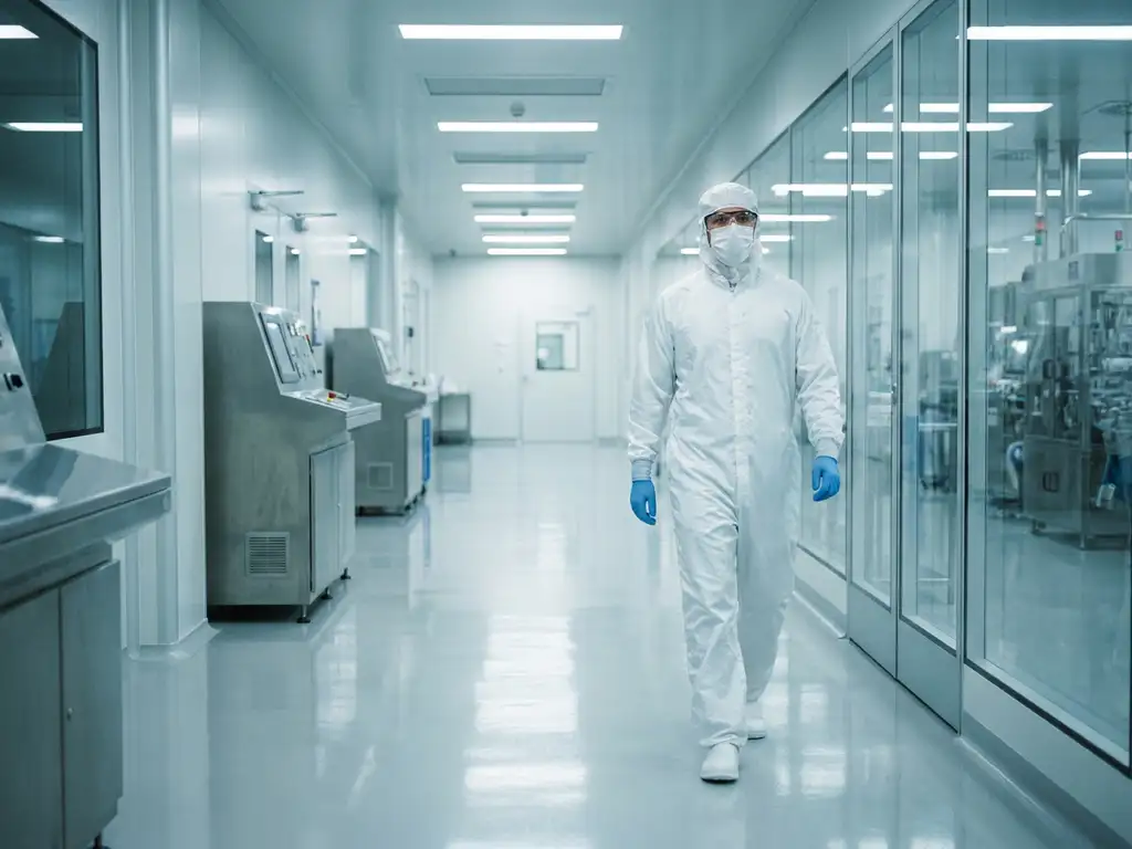Pharmaceutical cleanroom technician in sterile white gown, gloves, and mask walking through a pristine GMP corridor with polished epoxy floors.