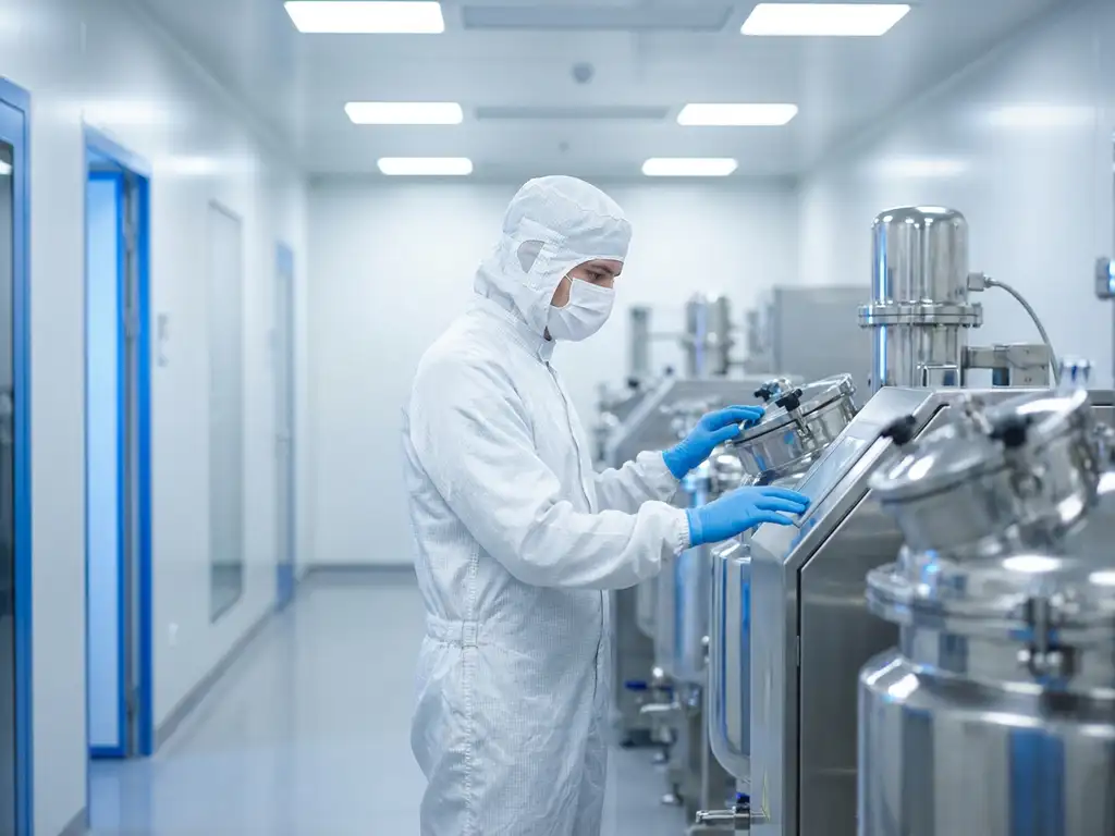 Pharmaceutical cleanroom technician in white gown and mask inspecting sterile stainless steel equipment inside an ISO-classified manufacturing suite.