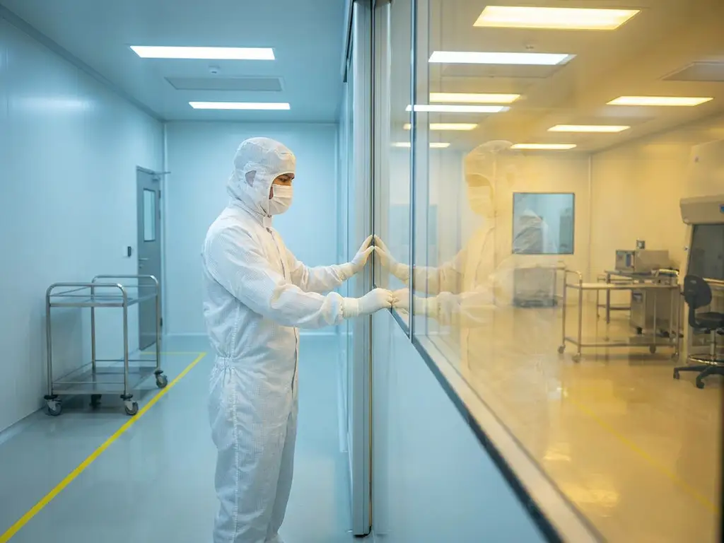 Pharmaceutical technician in white cleanroom suit standing at glass partition separating sterile production zones in a GMP facility.