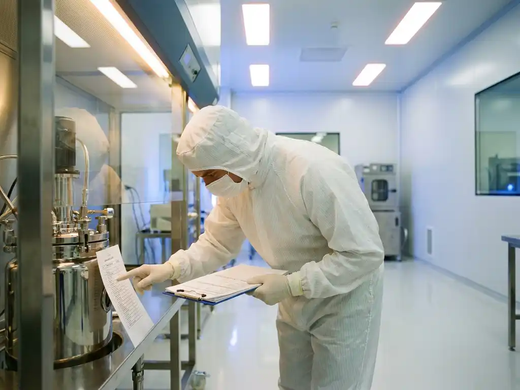 Pharmaceutical cleanroom technician in white gown, gloves, and mask reviewing a validation clipboard beside stainless steel equipment.