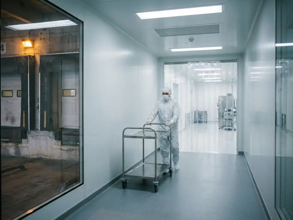 Cleanroom worker in full gown and booties pushing a stainless steel cart through a sterile white airlock corridor between a loading bay and cleanroom.