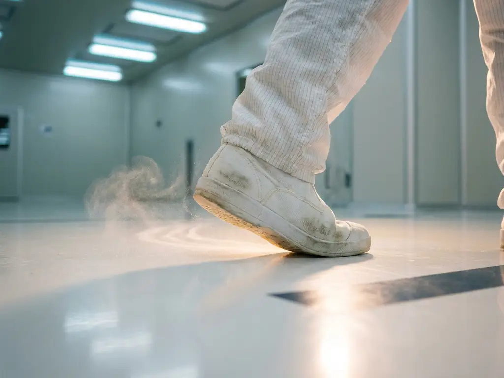 Cleanroom worker's sterile bootie mid-step on white epoxy floor, faint particle trail visible beneath the sole under fluorescent lighting.