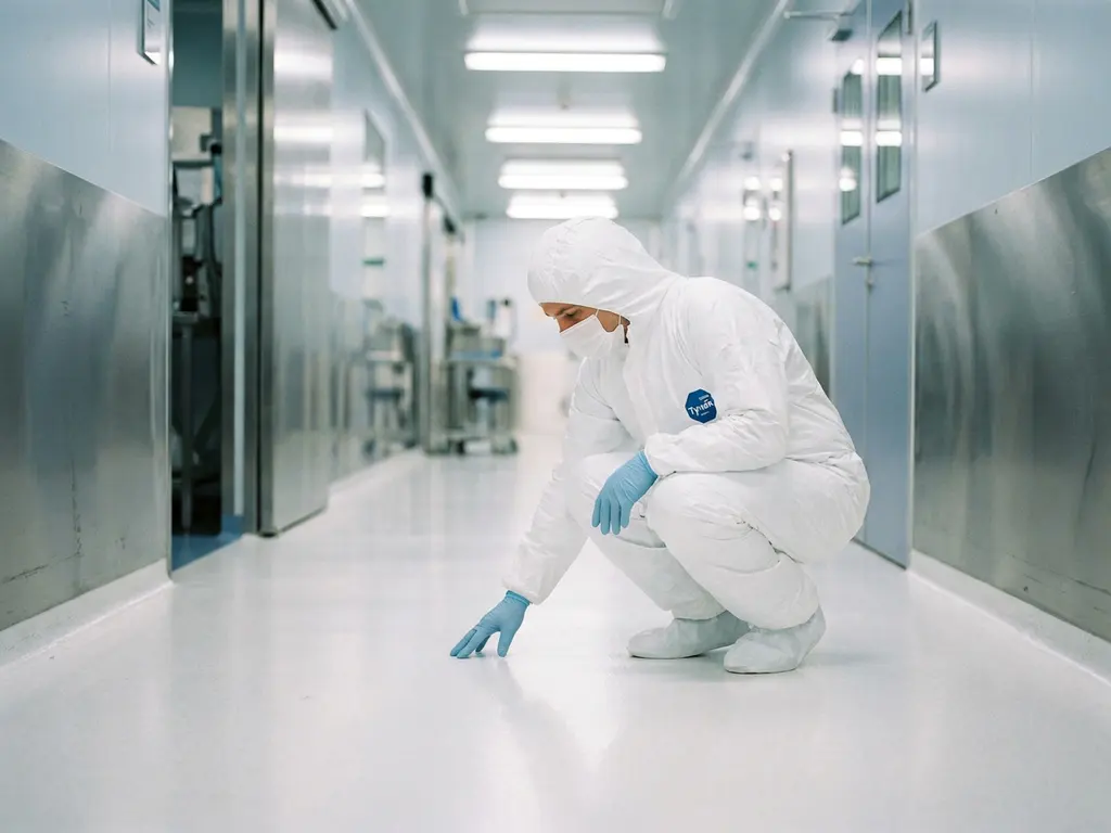 Pharmaceutical cleanroom worker in white protective suit crouching to inspect a polished epoxy floor in a sterile corridor.