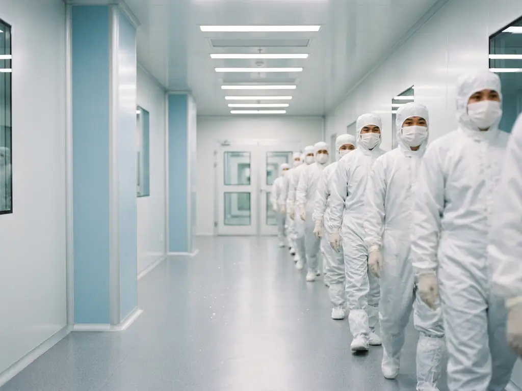 Cleanroom-suited pharmaceutical workers walking single-file through a sterile white corridor with fluorescent overhead lighting.