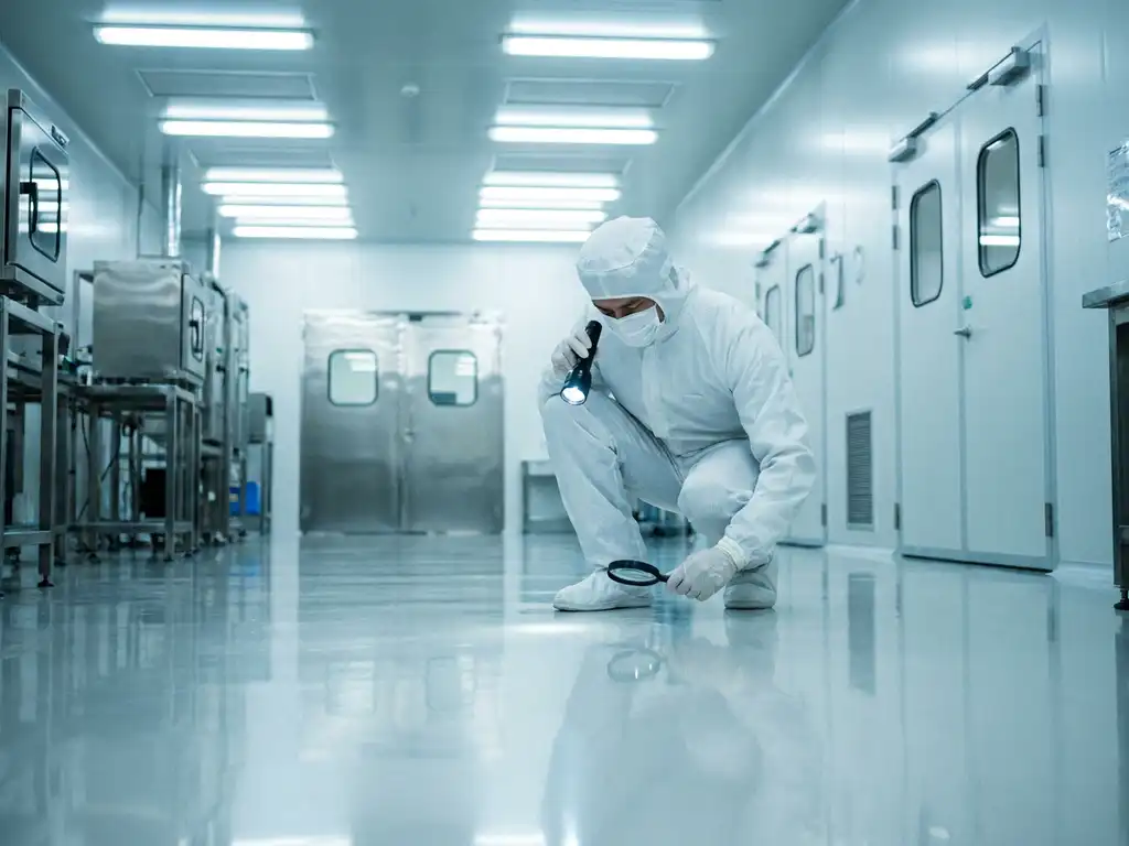 QA specialist in white lab coat inspecting epoxy cleanroom floor, stainless steel equipment and gowning room doors visible in background.