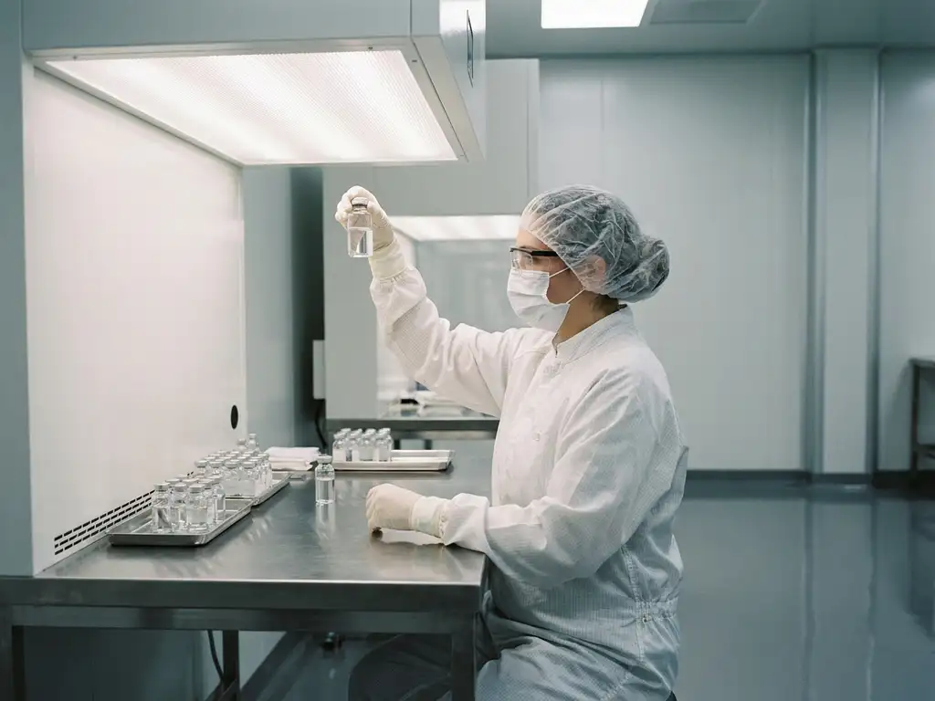 Pharmaceutical technician in white gown inspecting sealed vials on stainless steel in a GMP cleanroom.