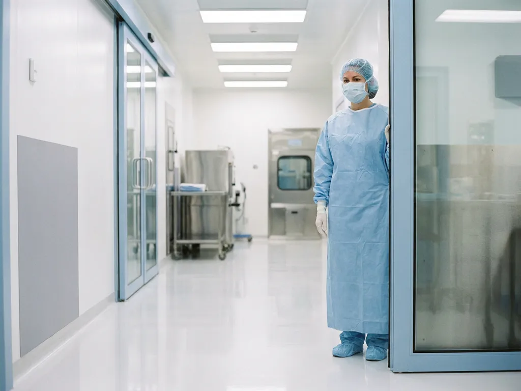 Healthcare professional in sterile gown and gloves standing at the entrance of a hospital cleanroom corridor with gleaming white floors and stainless steel surfaces.