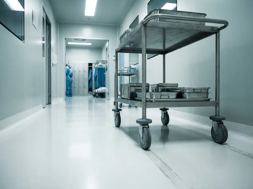 Stainless steel pharmaceutical cart rolling across white epoxy cleanroom floor, with tire tracks and sterile gowning corridor in background.