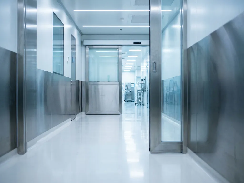 Pharmaceutical cleanroom entry corridor with polished white epoxy floors, stainless steel walls, and an airlock door opening into a sterile controlled environment.
