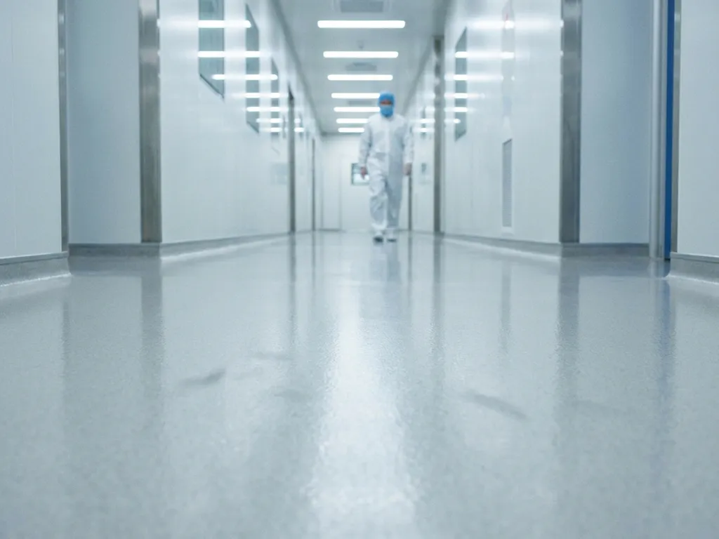Pharmaceutical cleanroom corridor with polished epoxy flooring reflecting sterile overhead lighting, gowned technician walking in background.