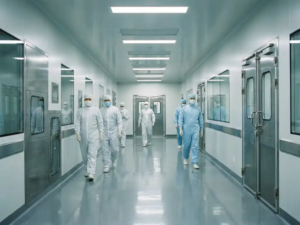 Gowned pharmaceutical workers walking through a sterile cleanroom corridor with epoxy floors, stainless steel surfaces, and sealed entry doors.