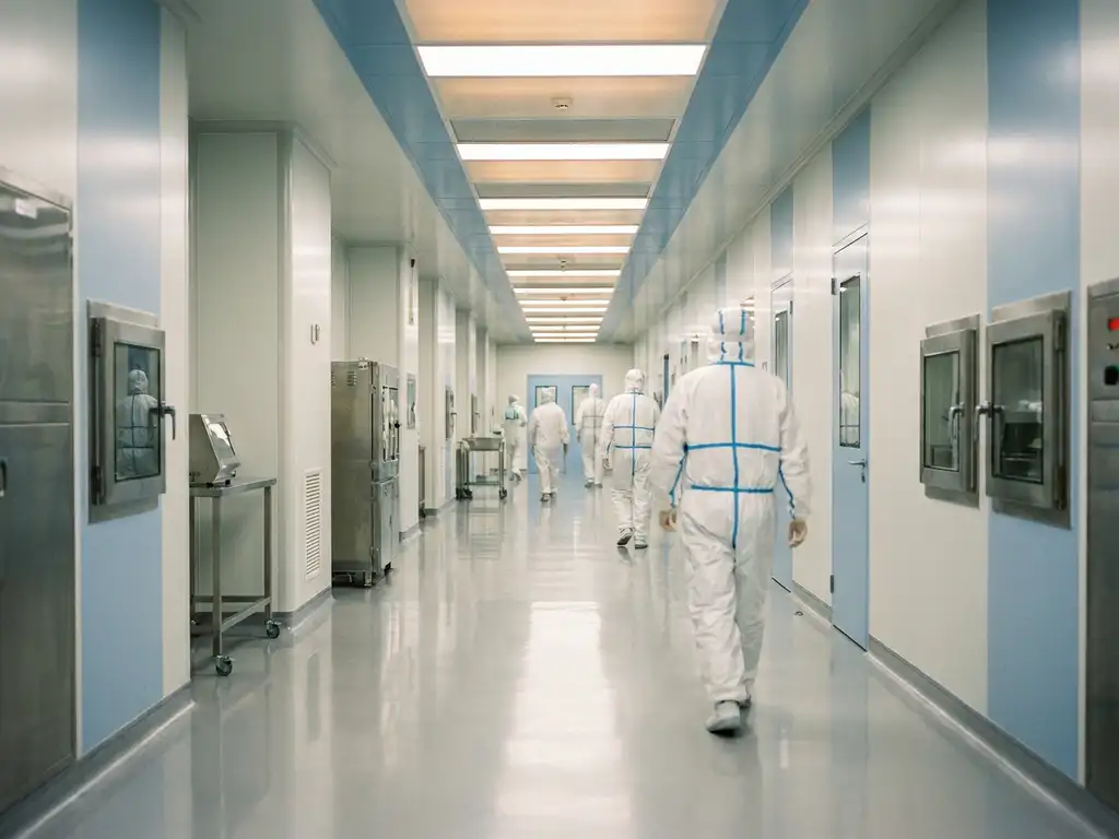 Pharmaceutical cleanroom corridor with gowned workers in white suits walking past stainless steel surfaces under fluorescent ceiling panels.