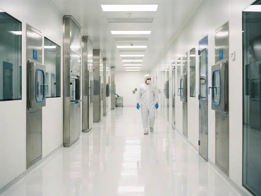 Gowned technician walking through a sterile pharmaceutical cleanroom corridor with gleaming epoxy floors and stainless steel equipment.