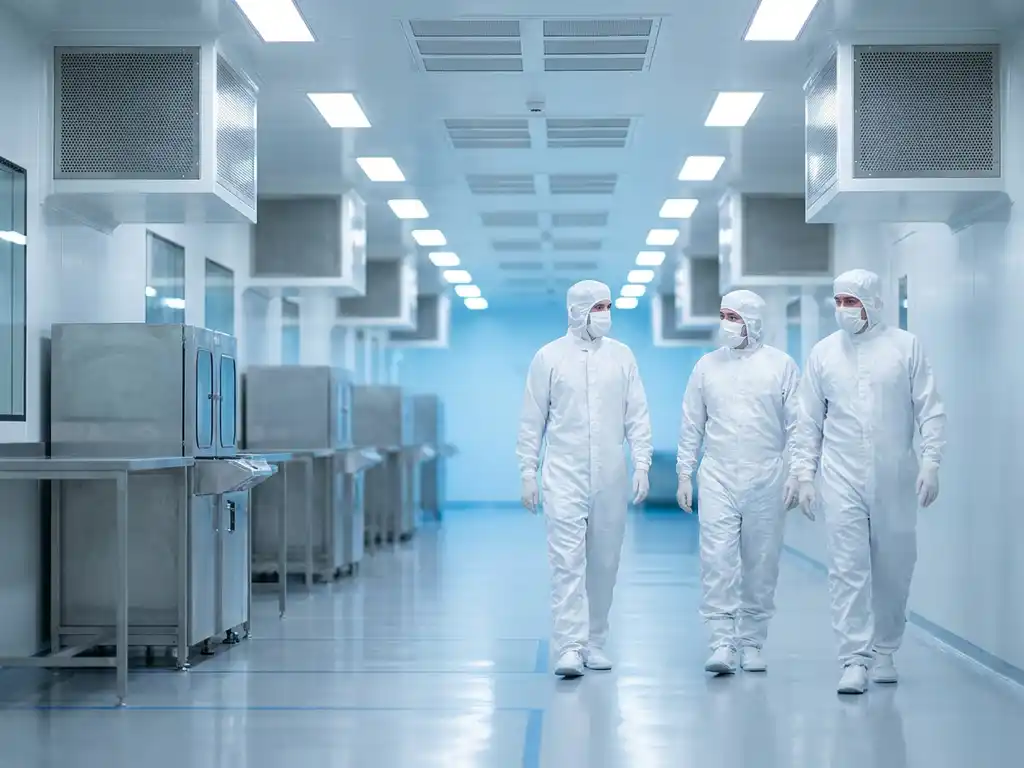 Pharmaceutical cleanroom corridor with gowned technicians in white suits walking through a sterile facility with epoxy flooring and ceiling airflow vents.