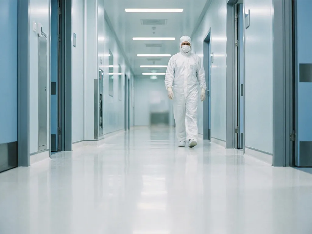 Pharmaceutical cleanroom corridor with gowned technician in white coveralls and face mask walking on reflective sterile epoxy floor.
