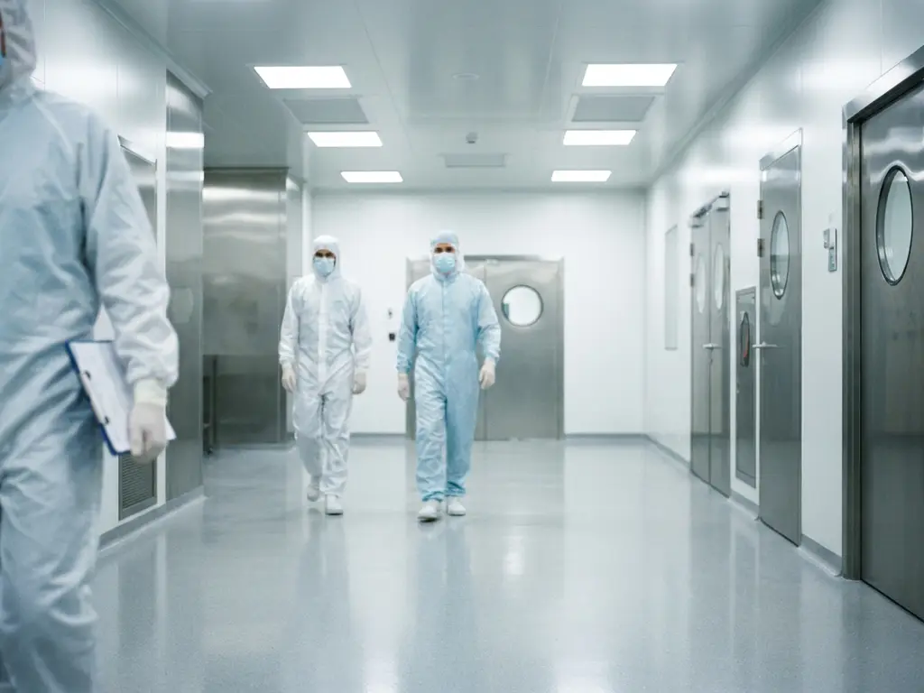 Gowned technicians walking through a sterile pharmaceutical cleanroom corridor with epoxy floors, stainless steel surfaces, and bright white overhead lighting.