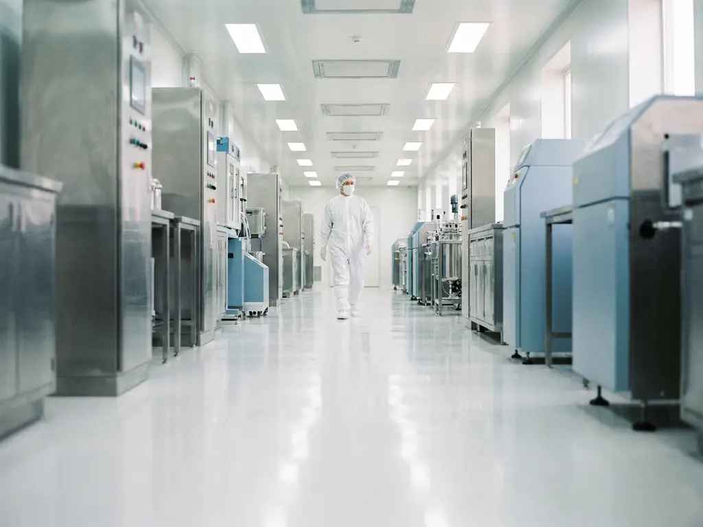 Pharmaceutical cleanroom corridor with white epoxy floors, stainless steel equipment, and a gowned technician walking in the sterile environment.