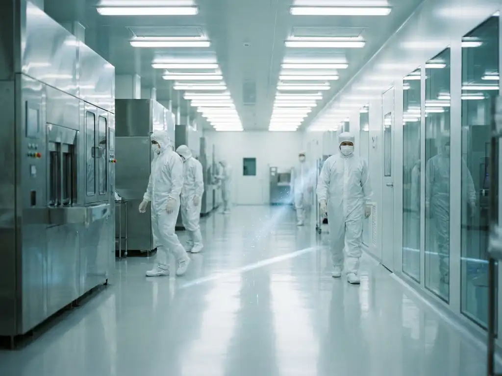 Pharmaceutical cleanroom corridor with white-suited technicians passing stainless steel equipment under fluorescent lighting on polished epoxy floors.
