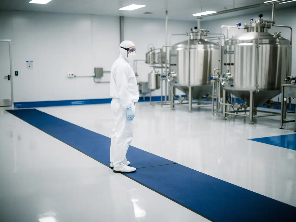 White-suited pharmaceutical technician pausing at a cobalt blue Dycem contamination control mat separating sterile production zones, stainless steel equipment behind.