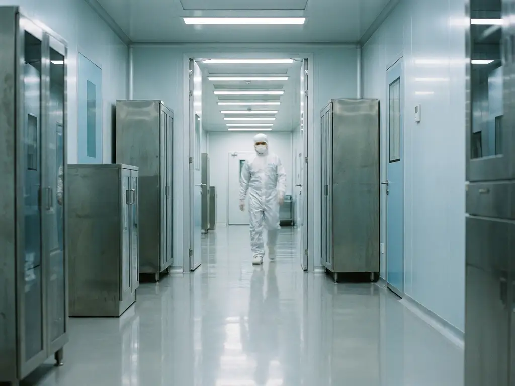 Gowned technician in white coverall and face mask walking through a pharmaceutical cleanroom airlock corridor with polished floors and sterile steel surfaces.