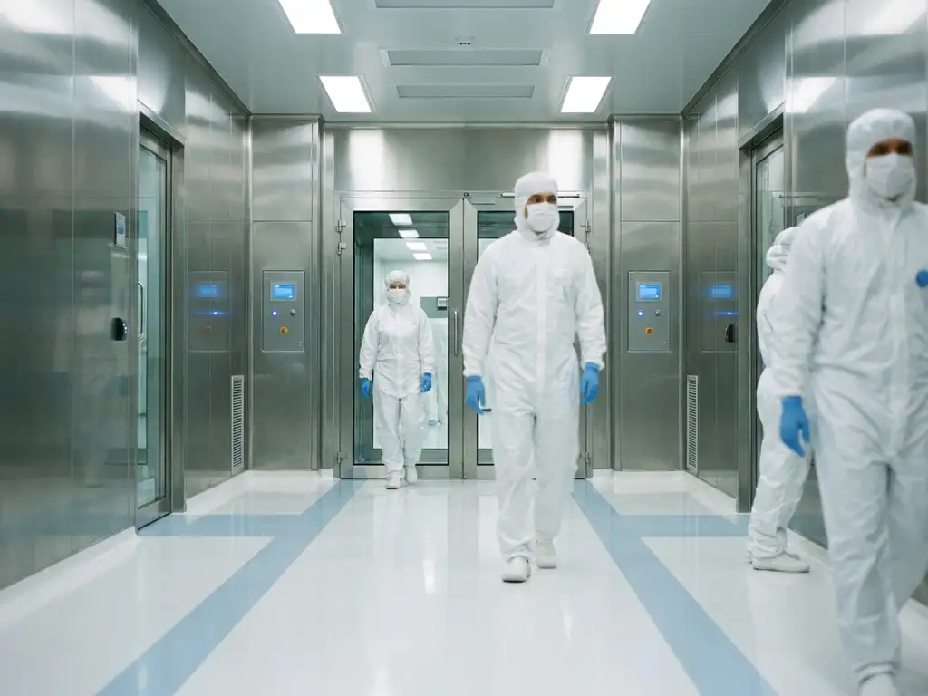 Gowned technicians in white coveralls and face masks moving through a pharmaceutical cleanroom airlock corridor with epoxy floors and stainless steel walls.