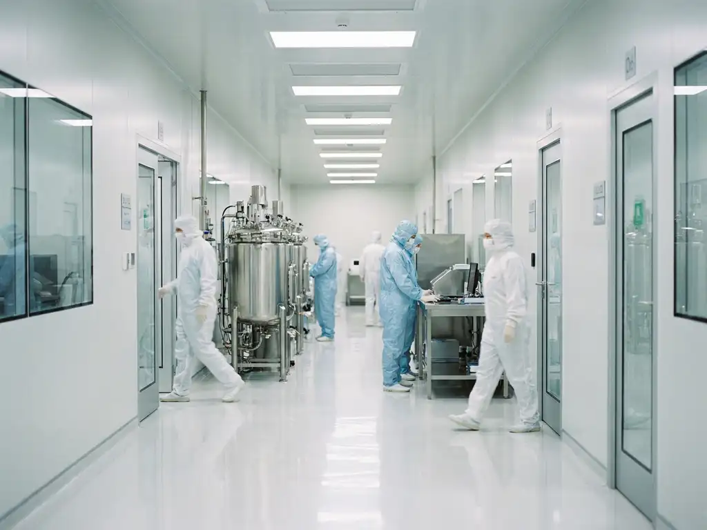 Gowned workers in full protective suits moving through a sterile pharmaceutical cleanroom corridor with stainless steel equipment and polished floors.