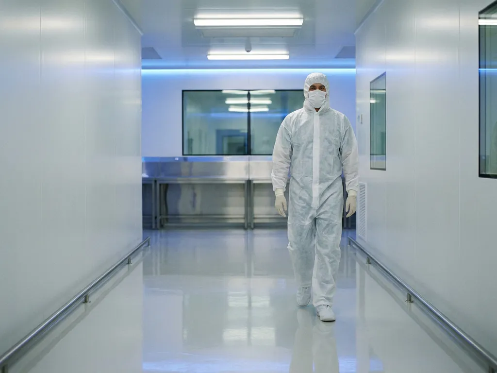 Pharmaceutical cleanroom technician in white gown, gloves, and face mask walking through a sterile airlock corridor with epoxy flooring.