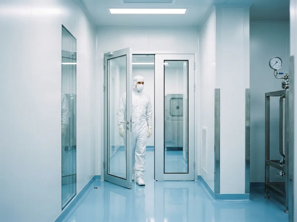 Pharmaceutical cleanroom technician in full protective gown and mask walking through an airlock corridor with polished epoxy floors and fluorescent lighting.